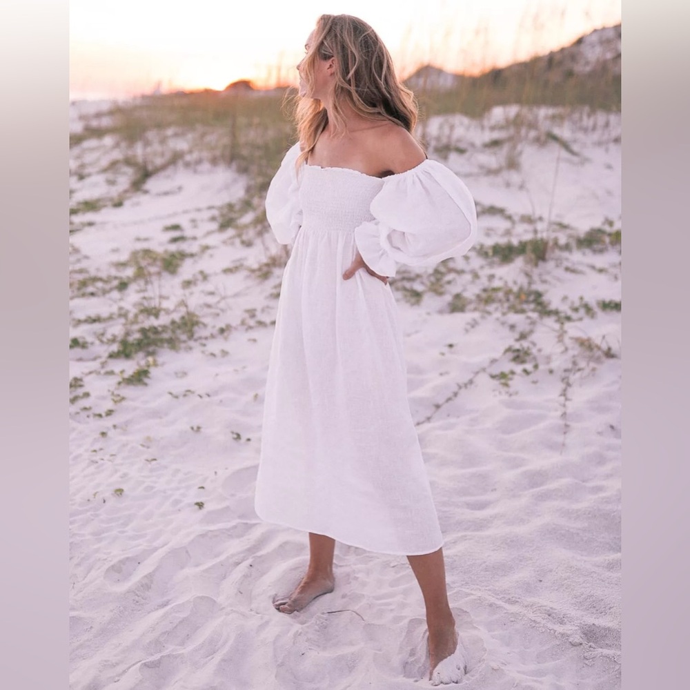 NEW Sleeper Atlanta Linen Dress Off-Shoulder White Puff Sleeve w/ Bow size L
